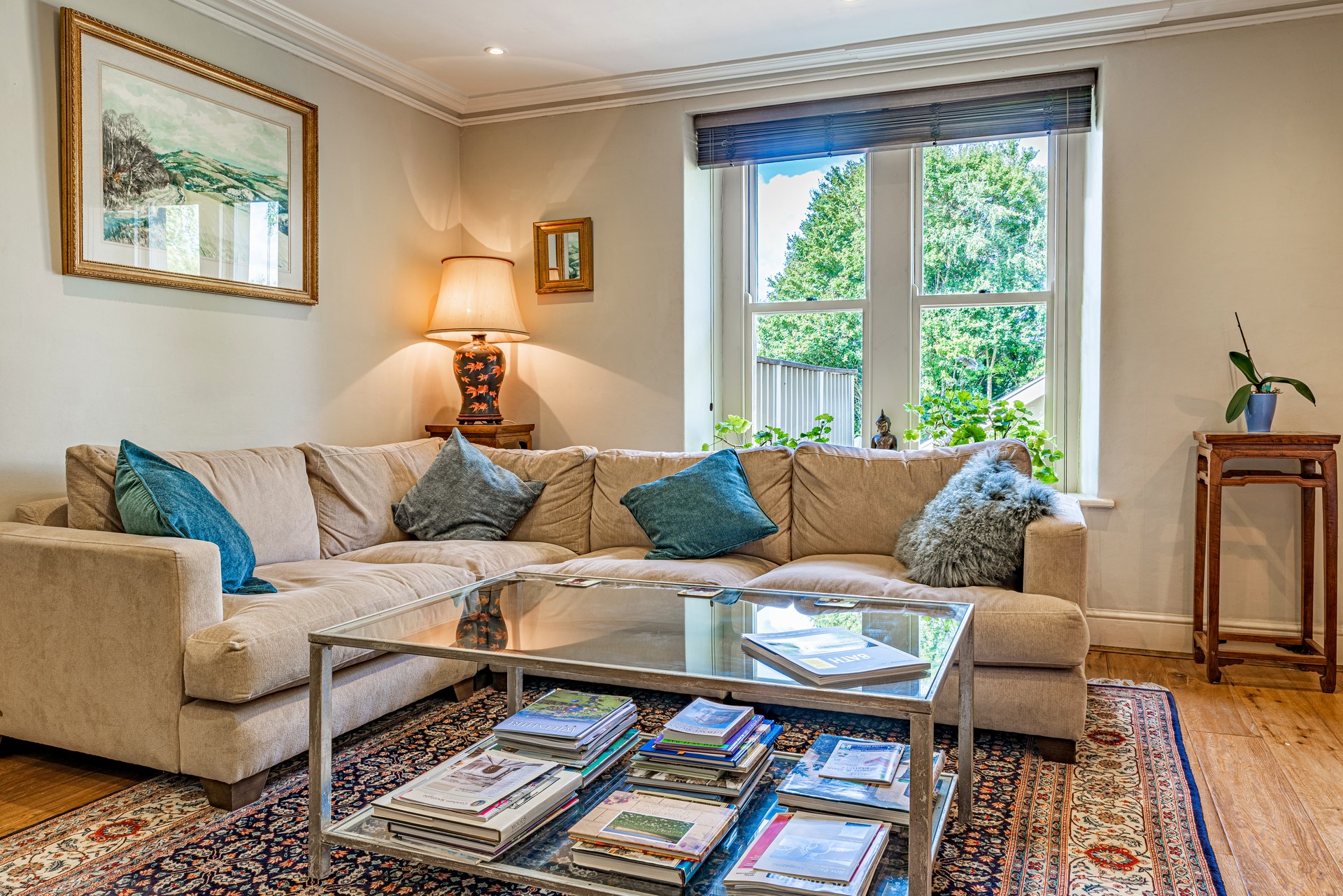 Sofas and a glass coffee table in the Lorne House sitting room